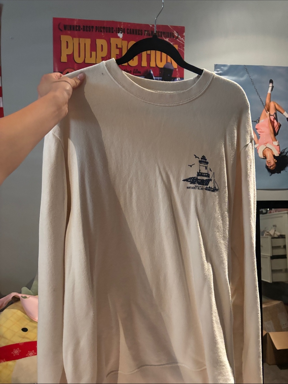 Brandy Melville Cream Long-Sleeve Crewneck with Navy Lighthouse Graphic